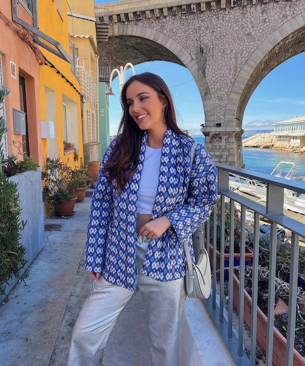 Quilted Jacket with Floral Print, Geometric Pattern and Pockets