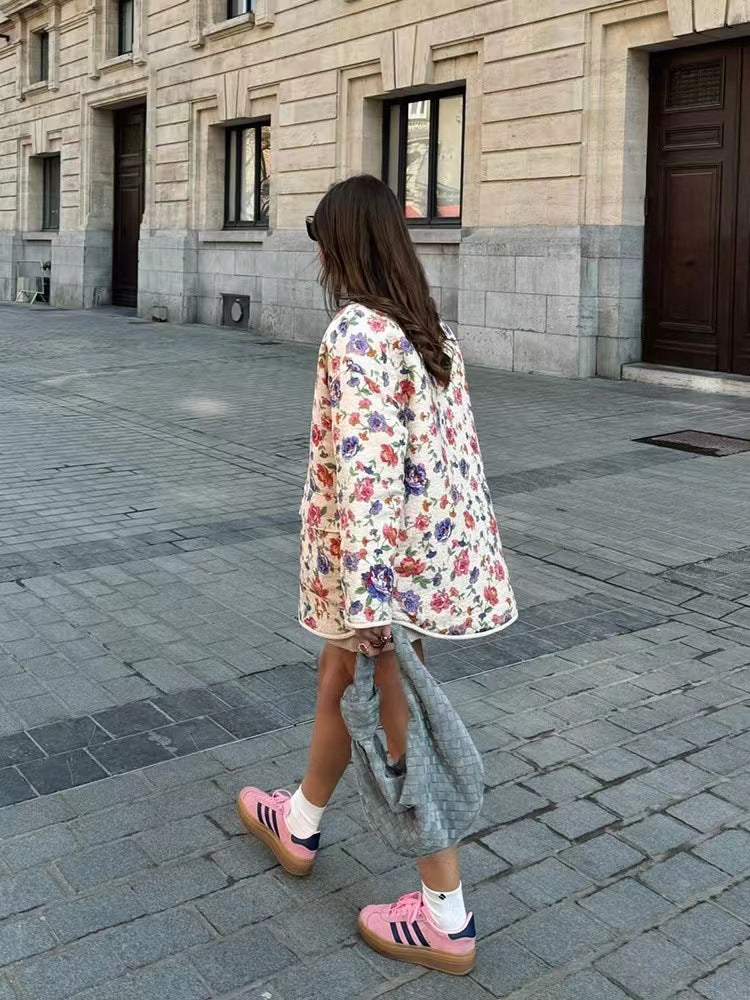 Denim Jacket with Floral Print, Pockets and Relaxed Fit