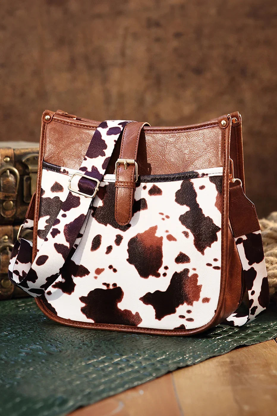 Modern Western Cowboy Style Brown Cow Print Crossbody Bag