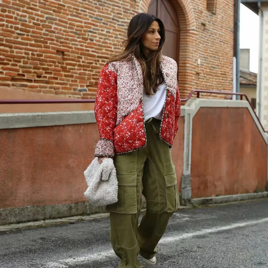 Quilted Jacket with Floral Print and Ethnic Print in Quilted Design
