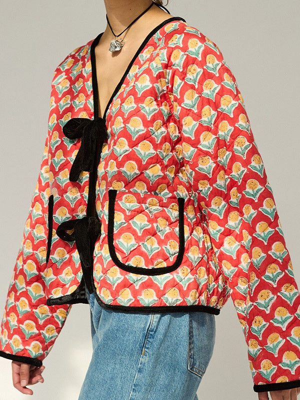 Lightweight Jacket with Floral Print and Bow Details