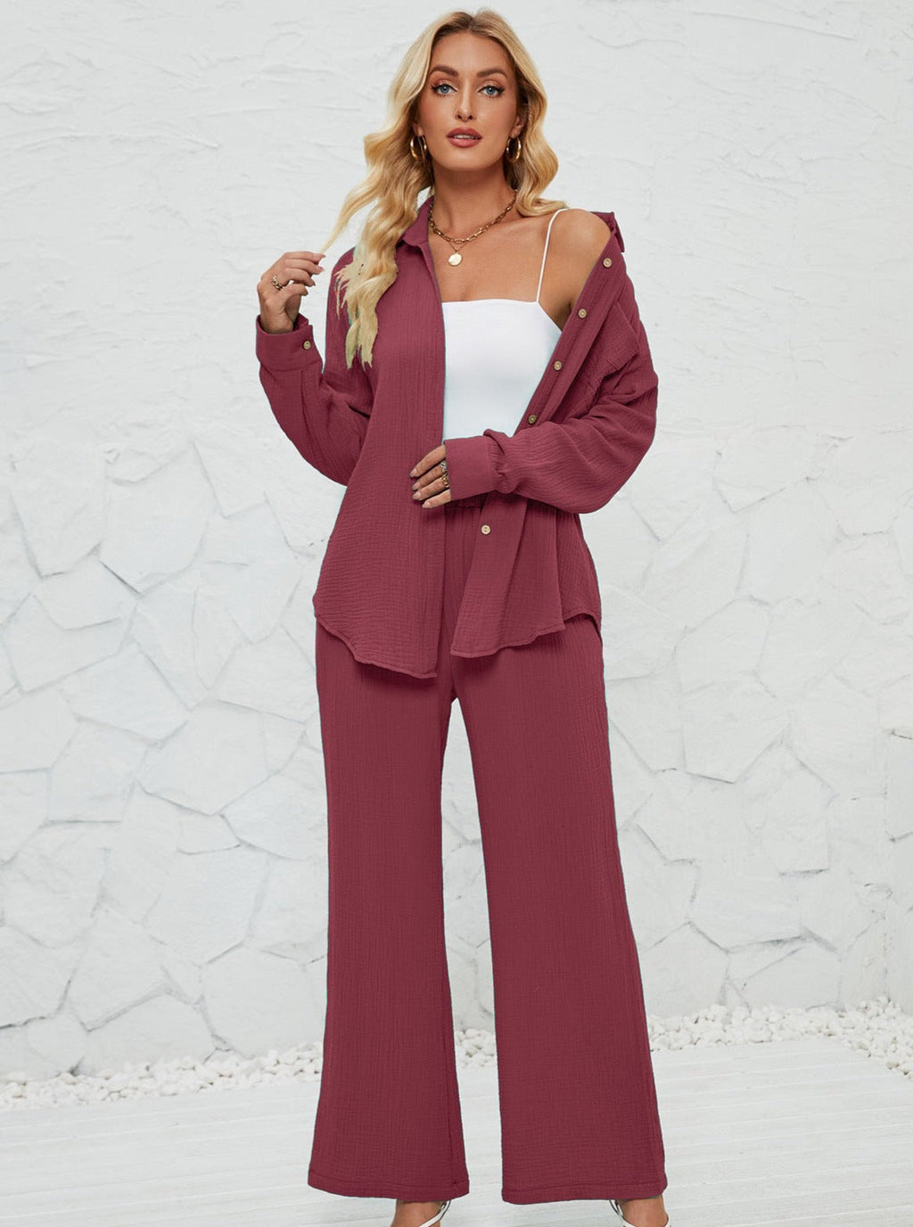 Estela - High-Waisted Pants and Long-Sleeve Blouse Set
