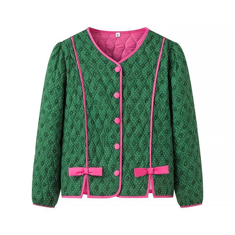 Quilted Jacket with Floral Print and Pink Bows