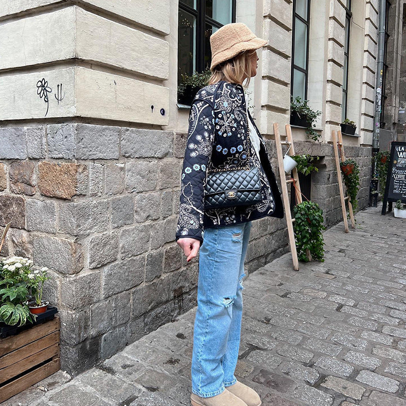 Quilted Jacket with Floral Print and Ethnic Print