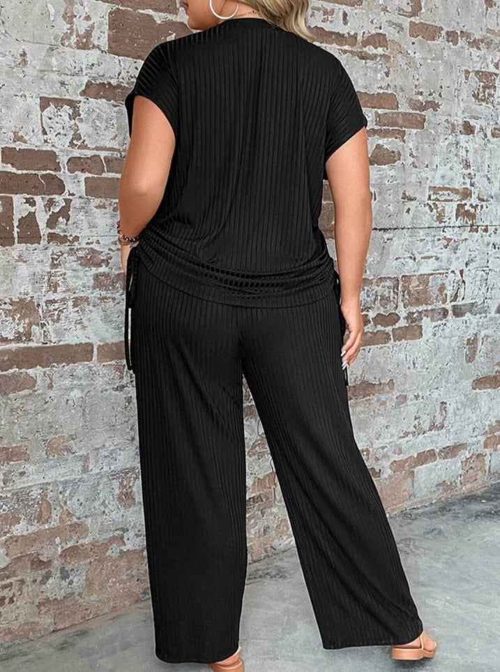 Lana - Two-Piece Plus Size Short-Sleeve Sexy Wide-Leg Pants