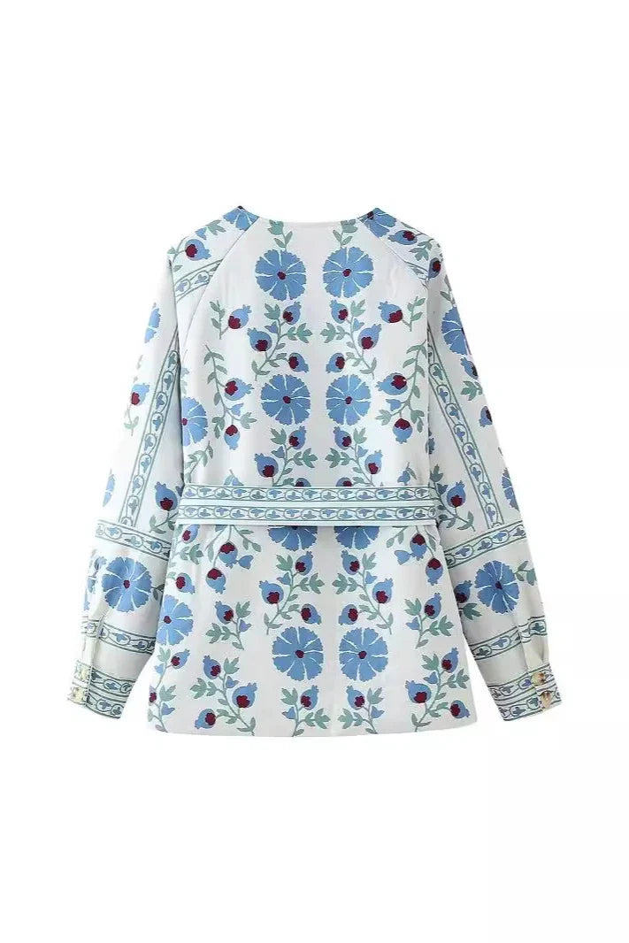 Relaxed Street Flowers Lace Up Buttons Patchwork Crew Neck Outerwear