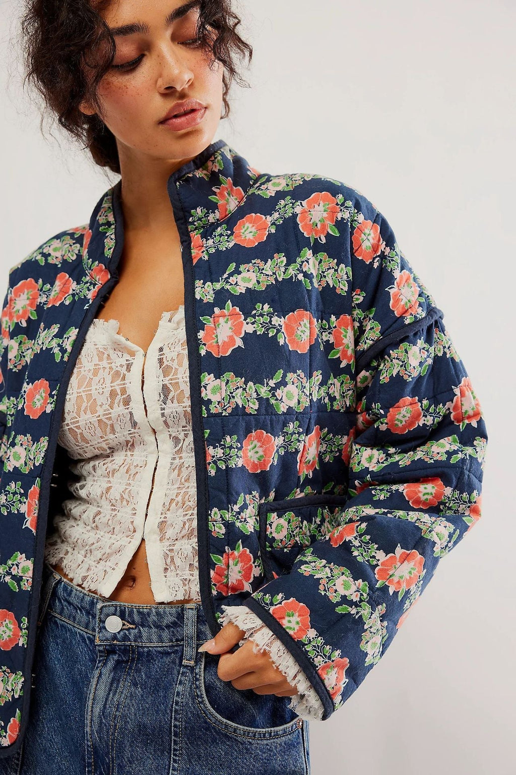 Jacket with Floral Print, Pockets and Drop Shoulders