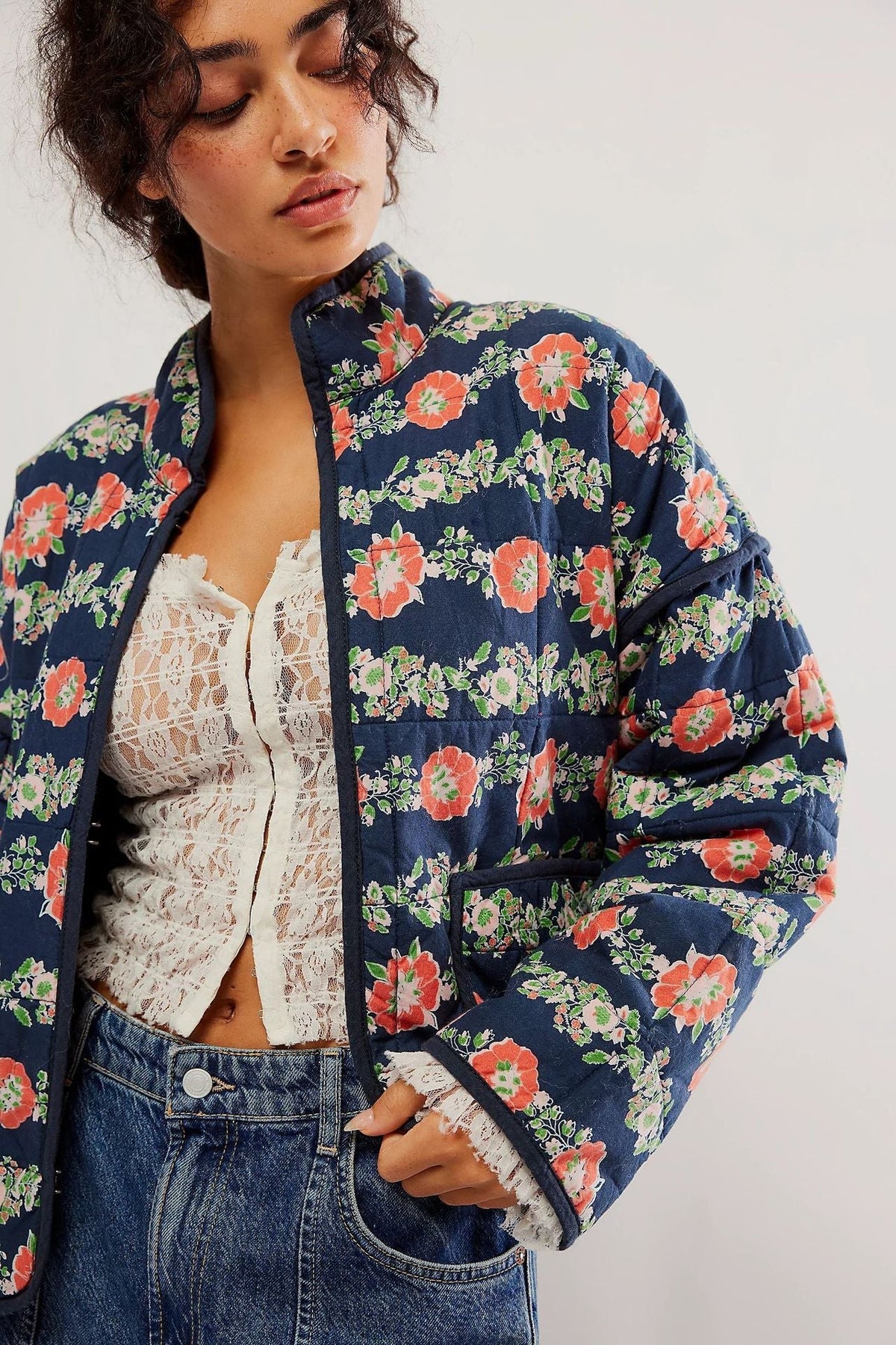 Jacket with Floral Print, Pockets and Drop Shoulders