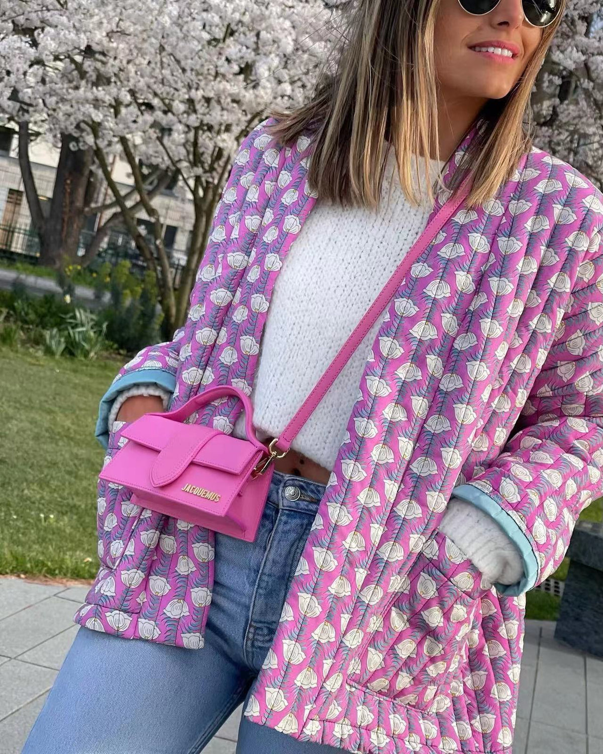 Quilted Jacket with Floral Print, Geometric Pattern and Pockets