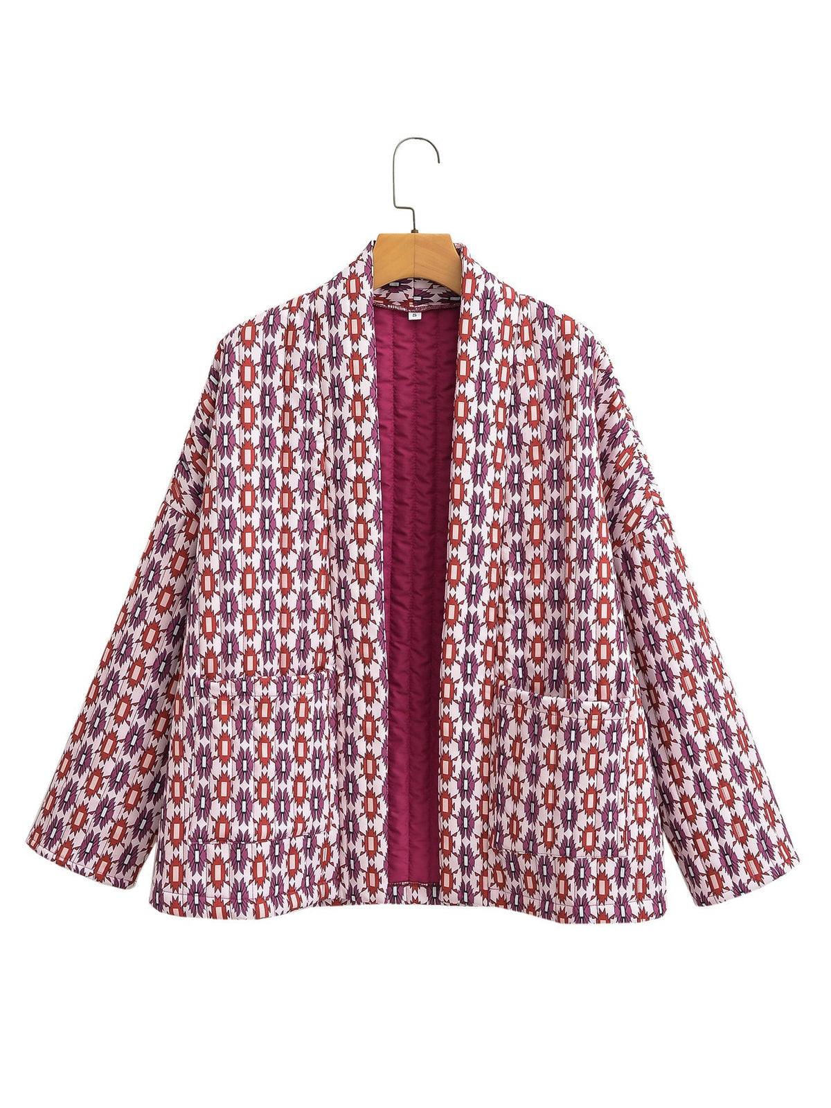 Quilted Jacket with Floral Print, Geometric Pattern and Pockets