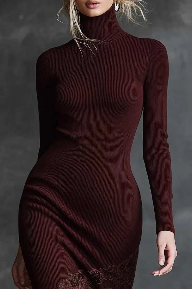 Refined High-neck Lace Hem Burgundy Maxi-Length Dress