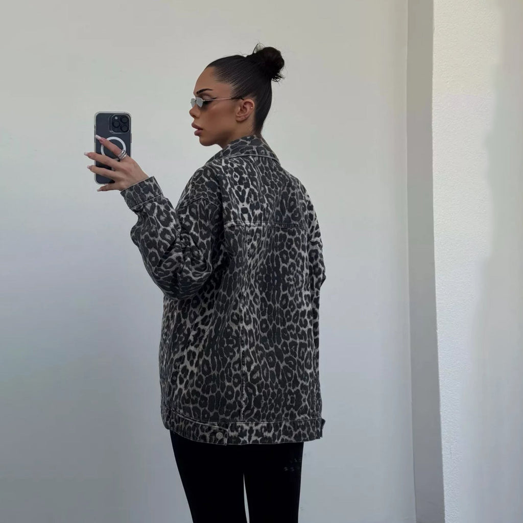 Denim Jacket with Leopard Print and Relaxed Fit