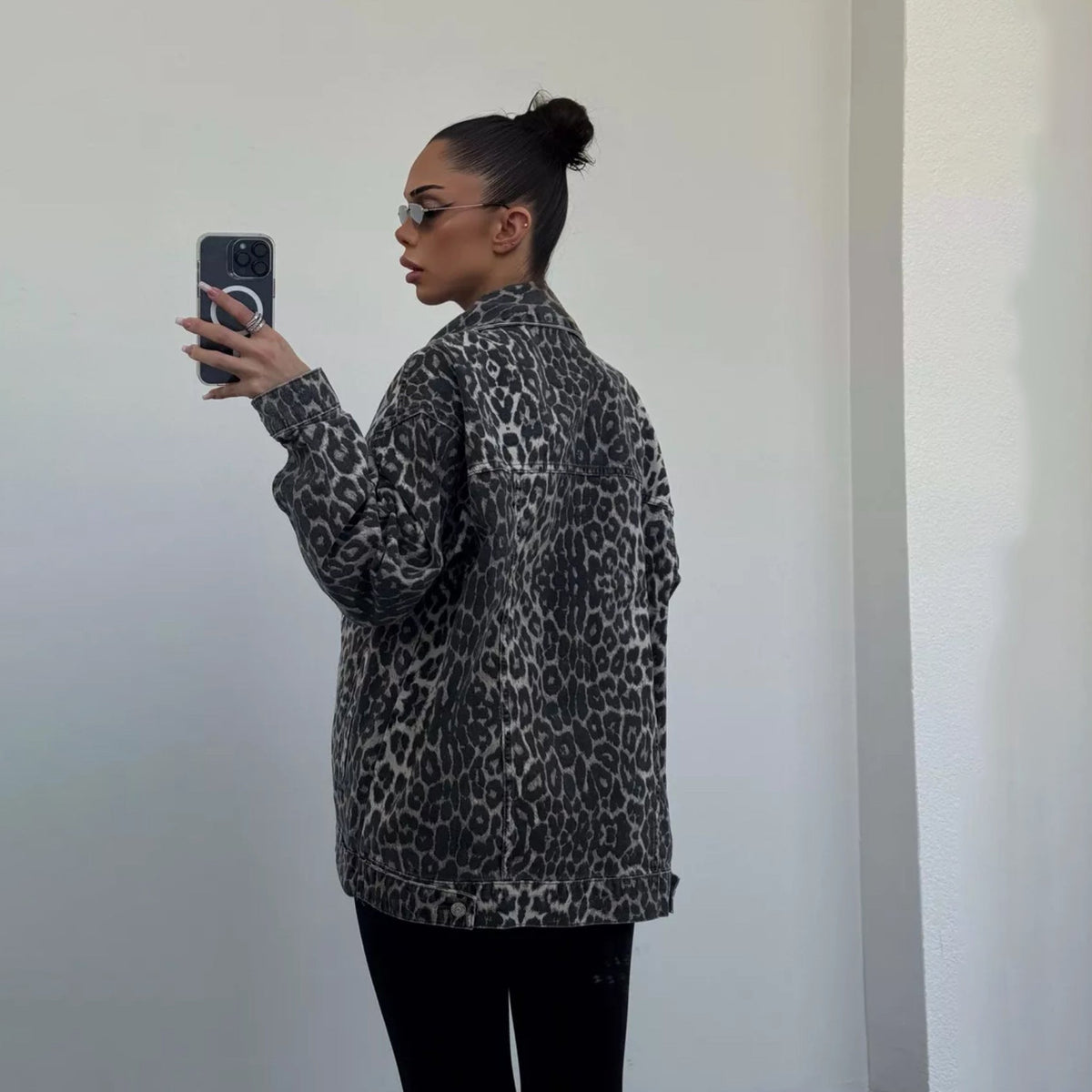 Denim Jacket with Leopard Print and Relaxed Fit