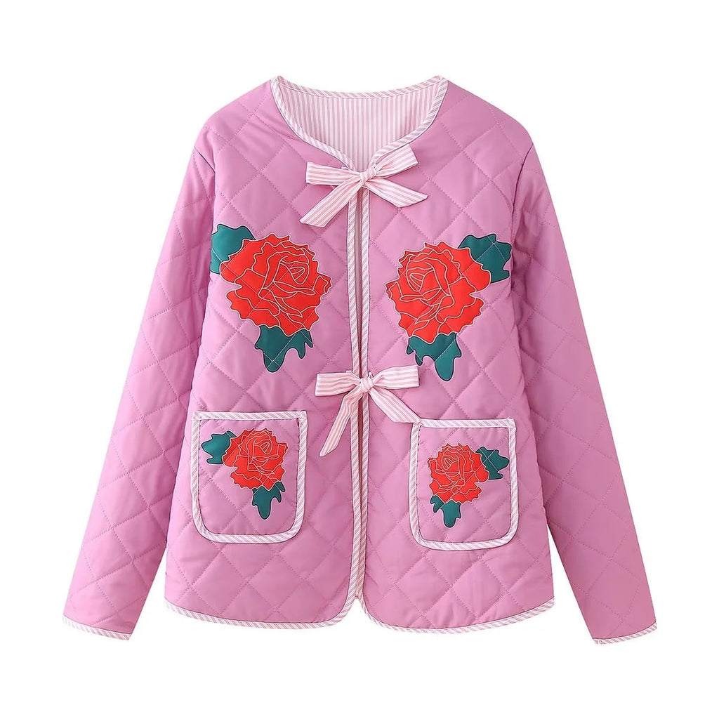 Lightweight Denim Jacket with Bow Details and Crew Neck