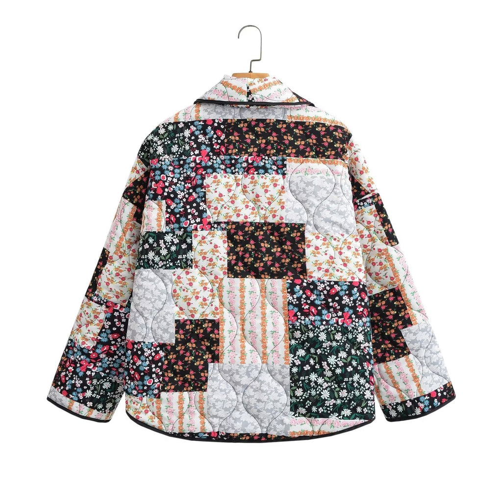 Jacket with Floral Print, Patchwork and Lapel Collar