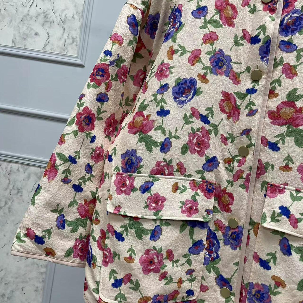 Denim Jacket with Floral Print, Pockets and Relaxed Fit