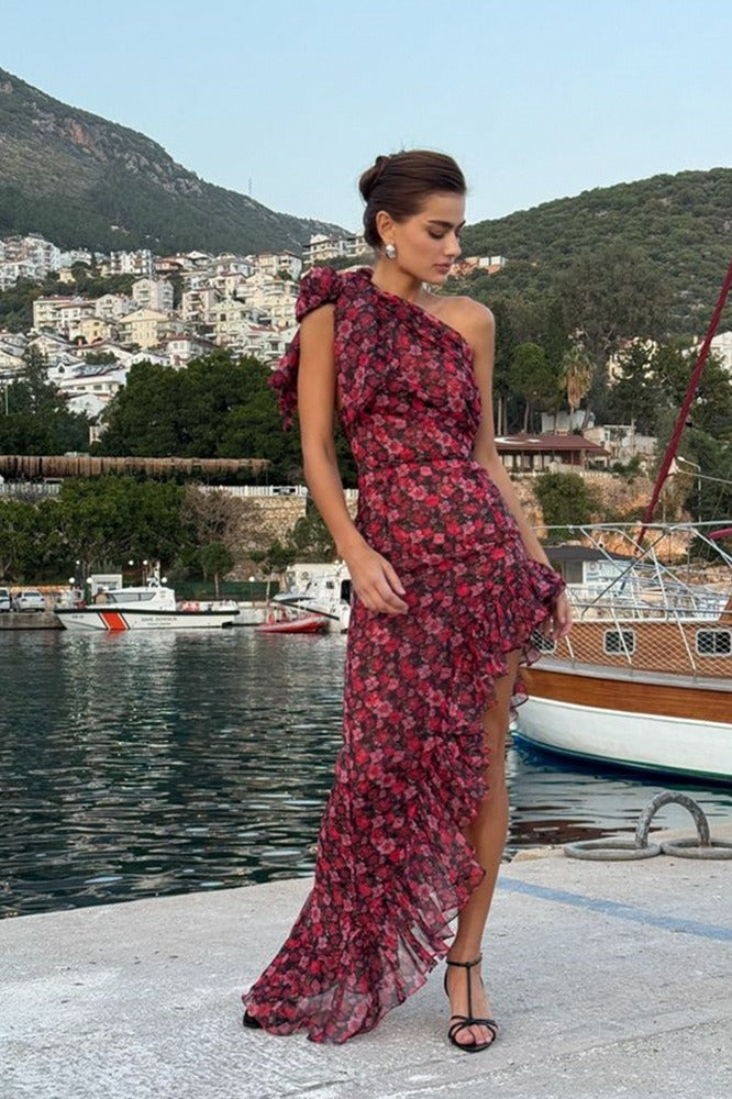 Kidney Ruffled Flower Print Dress