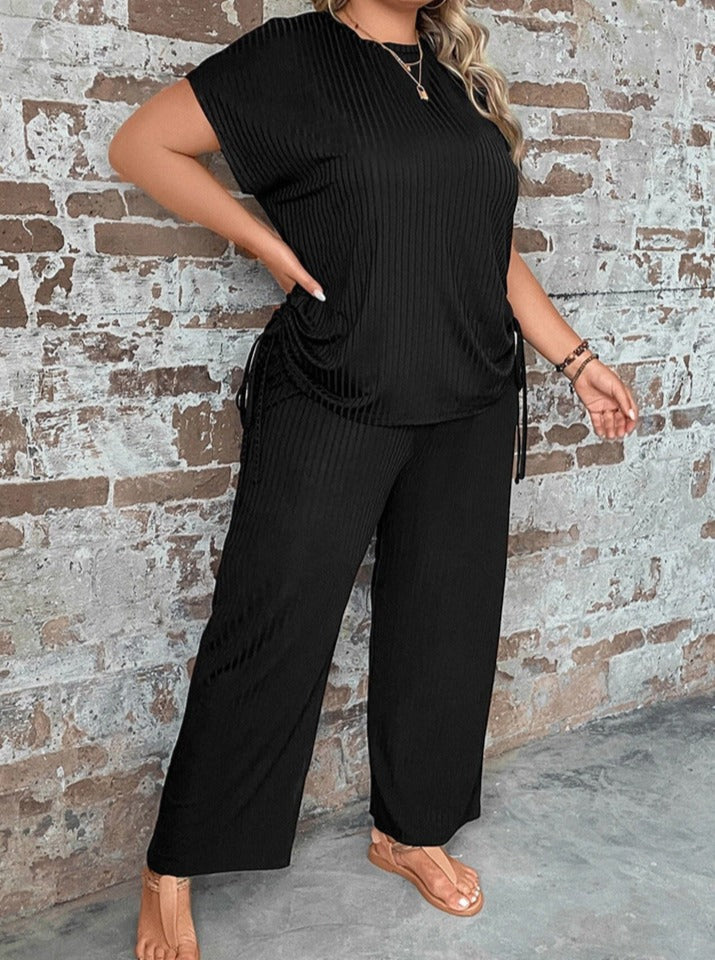Lana - Two-Piece Plus Size Short-Sleeve Sexy Wide-Leg Pants