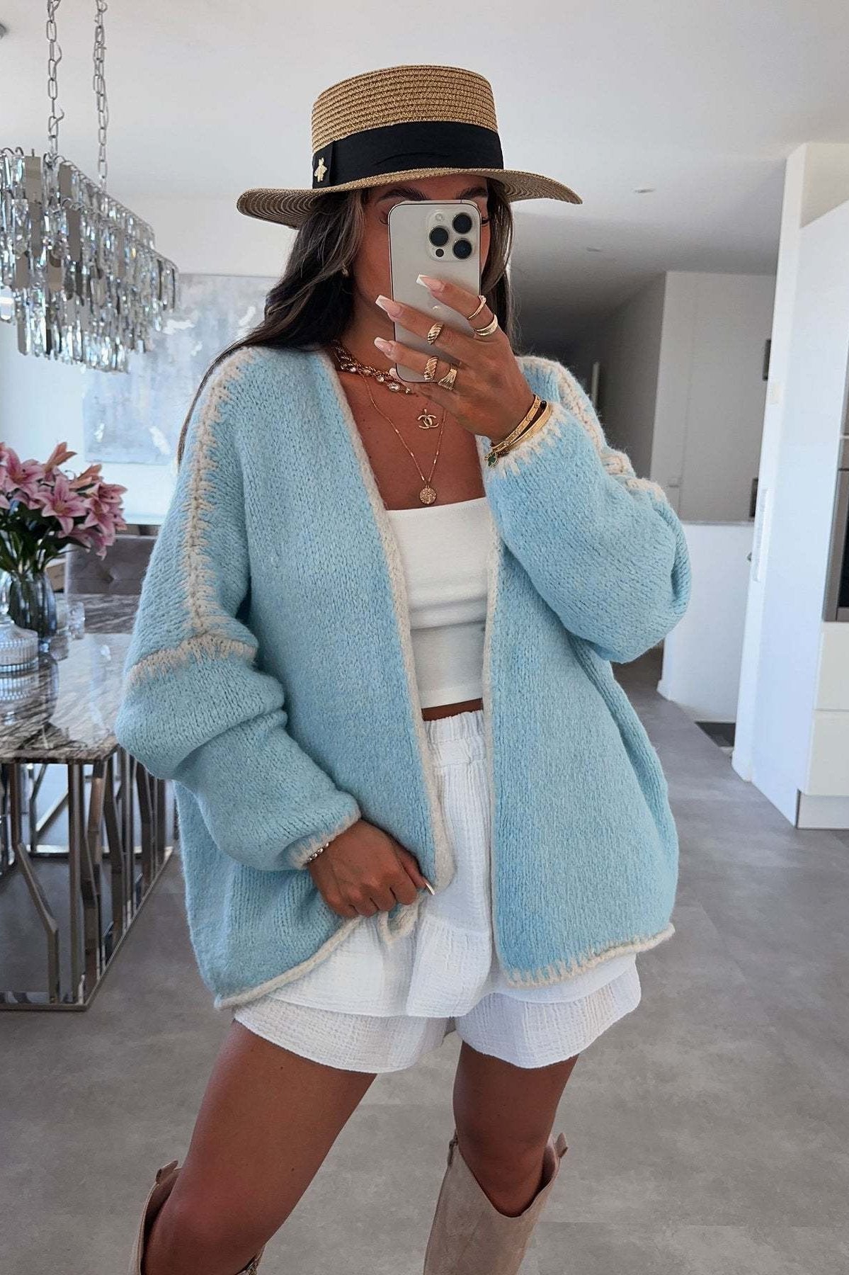 Contrast Loose Long Sleeve Knit Cardigan