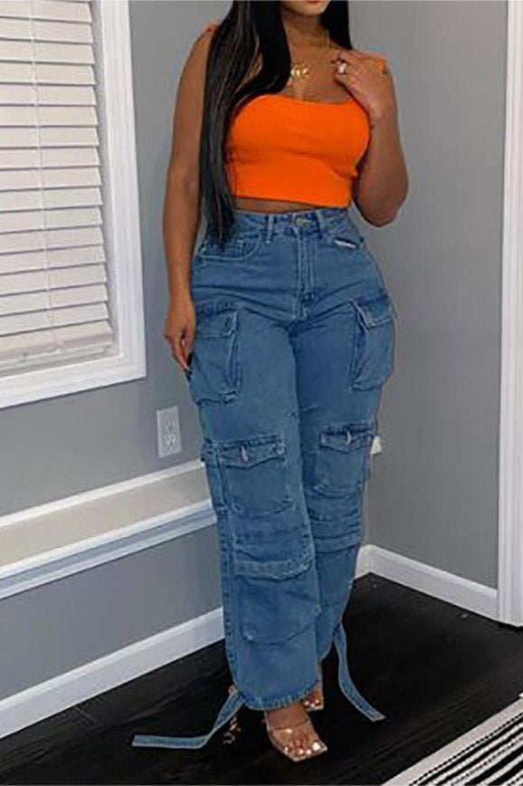 Trendy Multi-Pocket Denim Cargo Pants