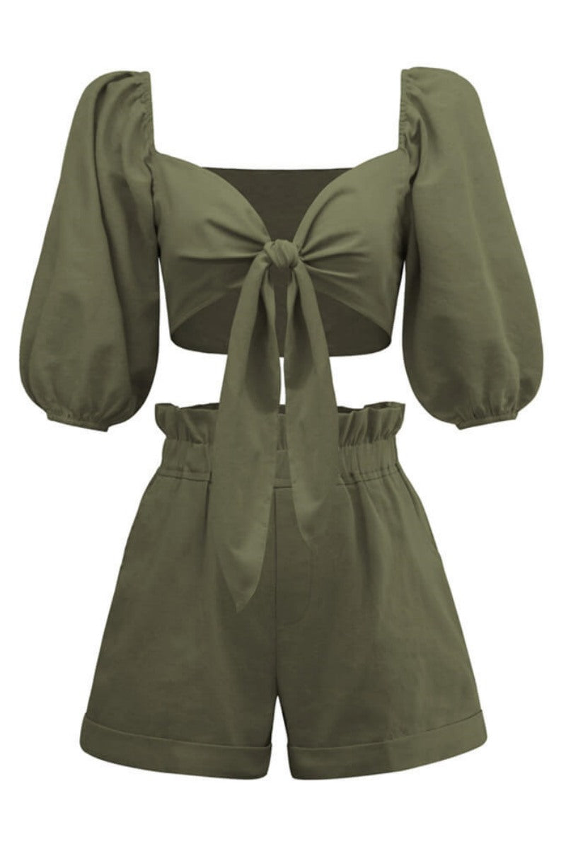 Modern Linen Wrap Front Tie Puff Sleeve Shorts Sets