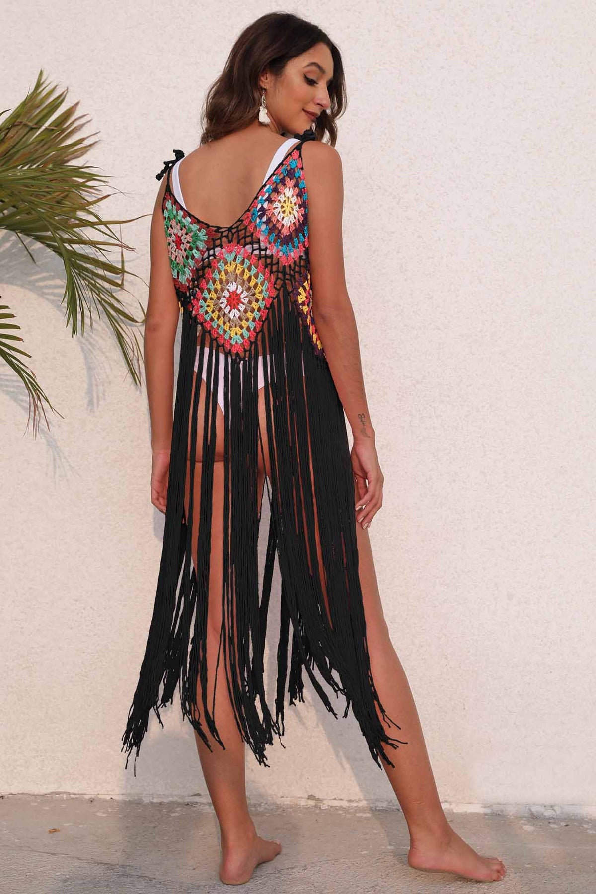 Modern Rainbow Square Pattern Fringe Crochet Knit Cami Top