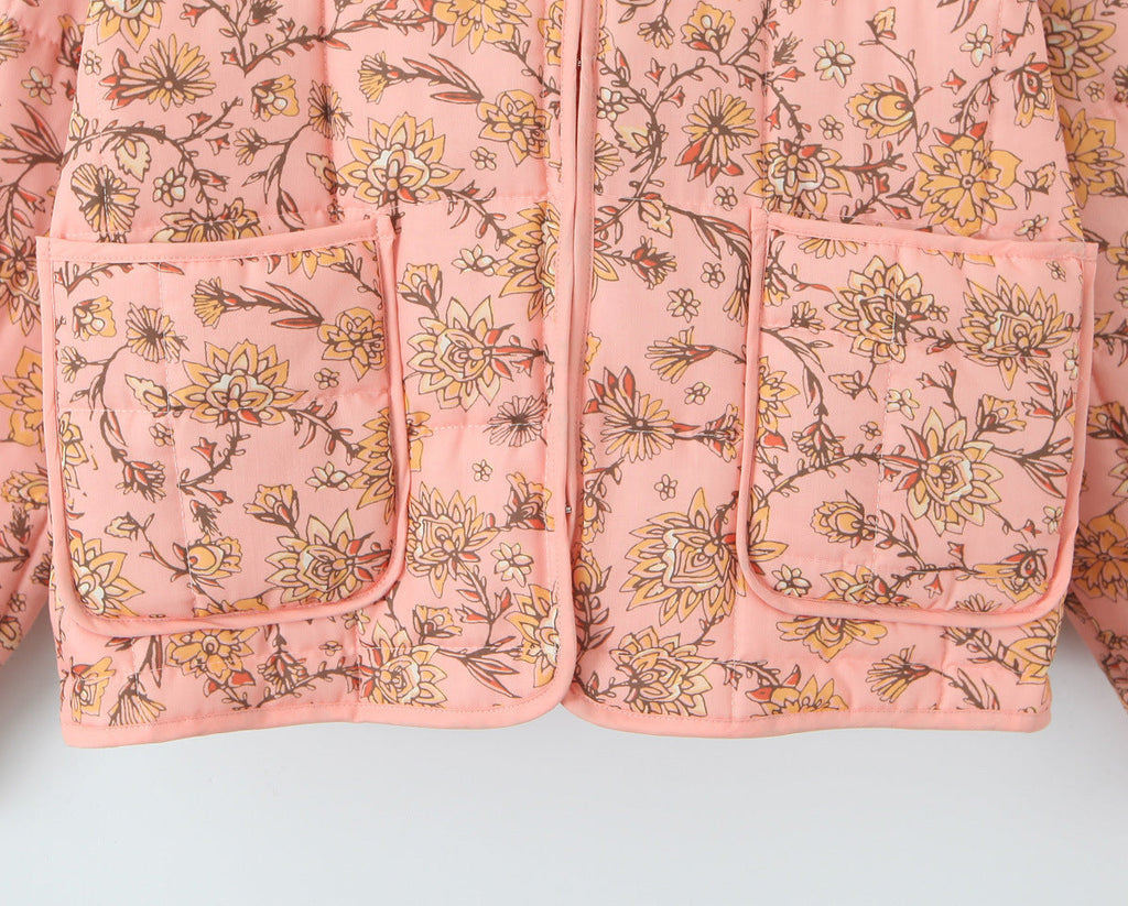 Jacket with Floral Print, Patchwork and Stand Collar