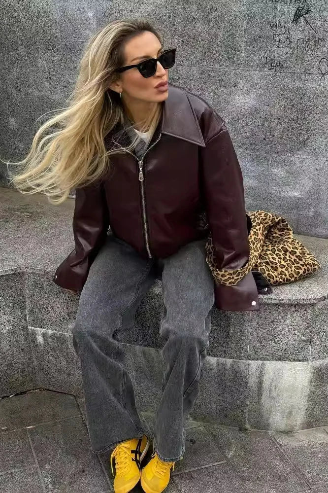 Modern Stylish Lapel Leather Biker Jacket