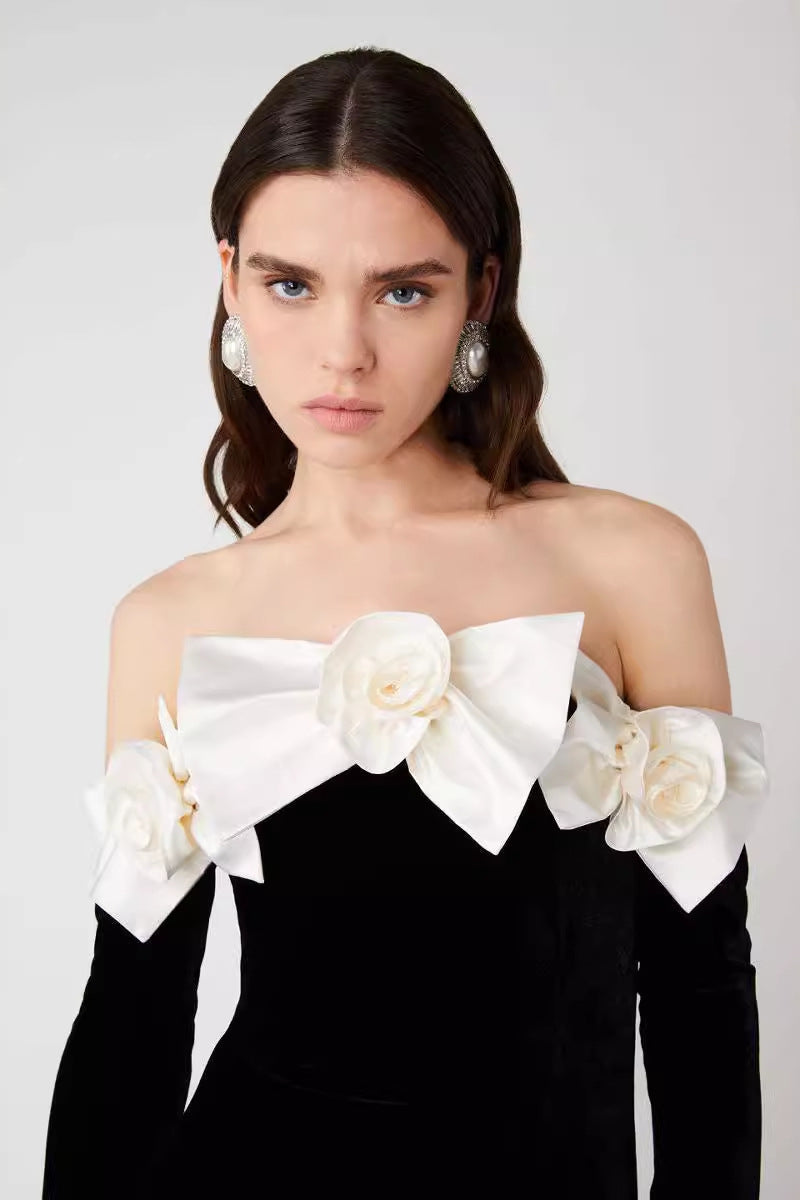 Lara Bowtie Off-shoulder Velvet Maxi-Length Dress