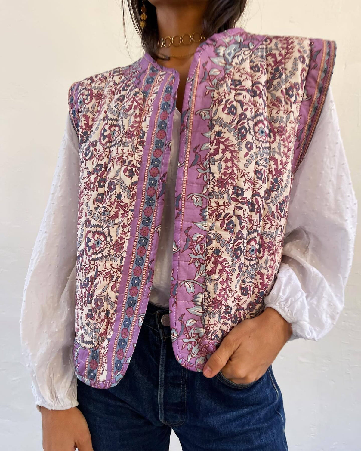 Lightweight Denim Vest with Ethnic Print and Relaxed Fit