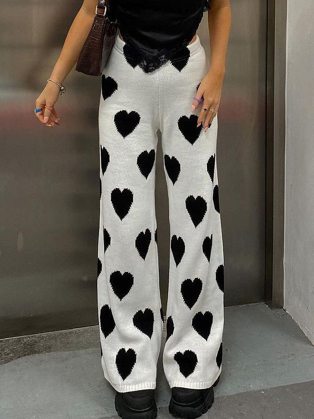 Heart Pattern Wide-Leg Trousers