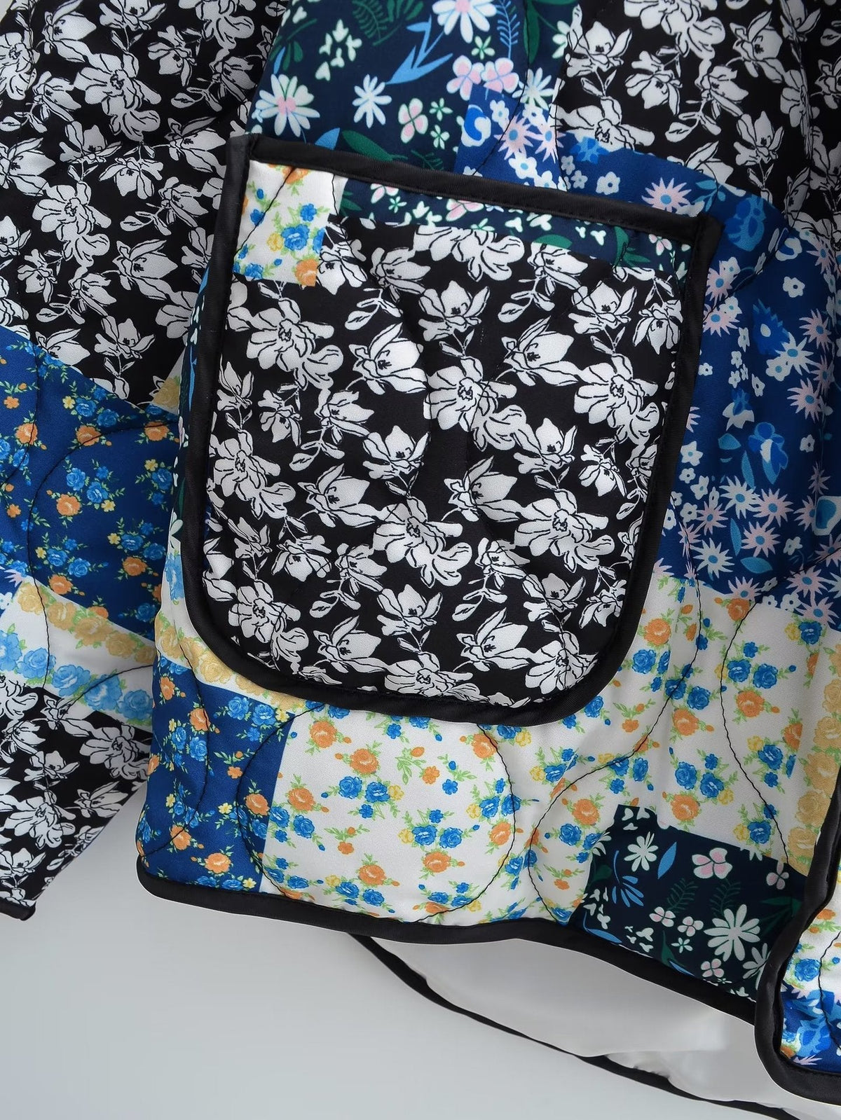 Jacket with Floral Print, Patchwork and Lapel Collar