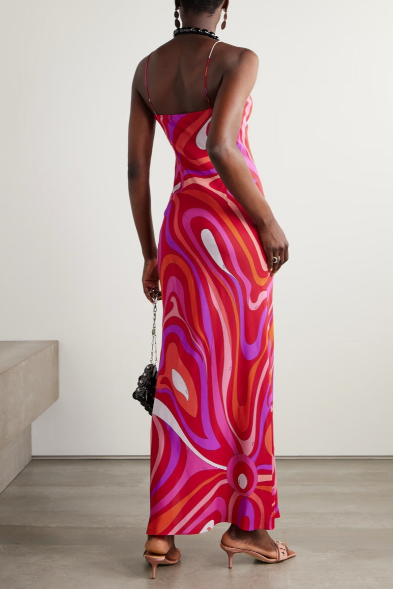 Marmo Patterned Satin Maxi-Length Dress