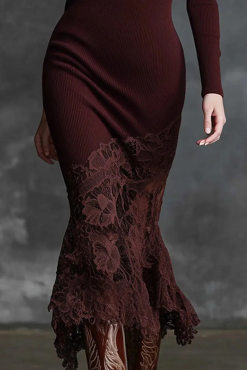 Refined High-neck Lace Hem Burgundy Maxi-Length Dress