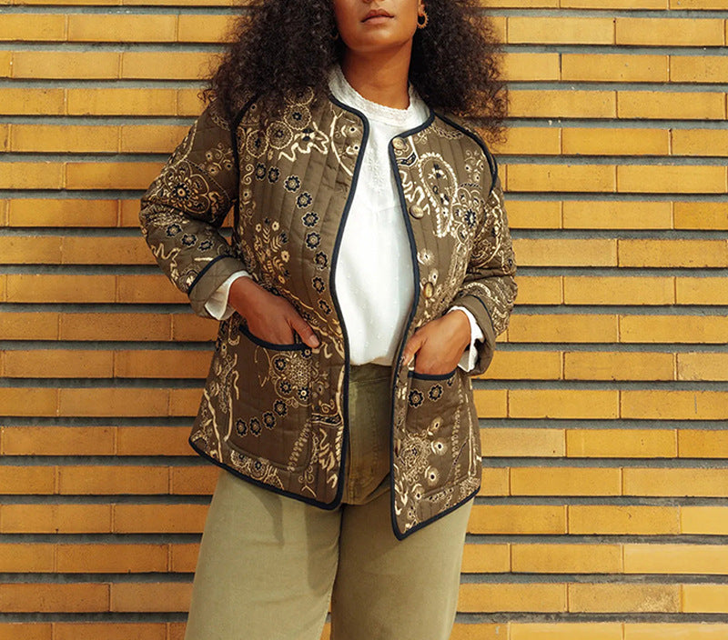 Quilted Jacket with Floral Print and Ethnic Print
