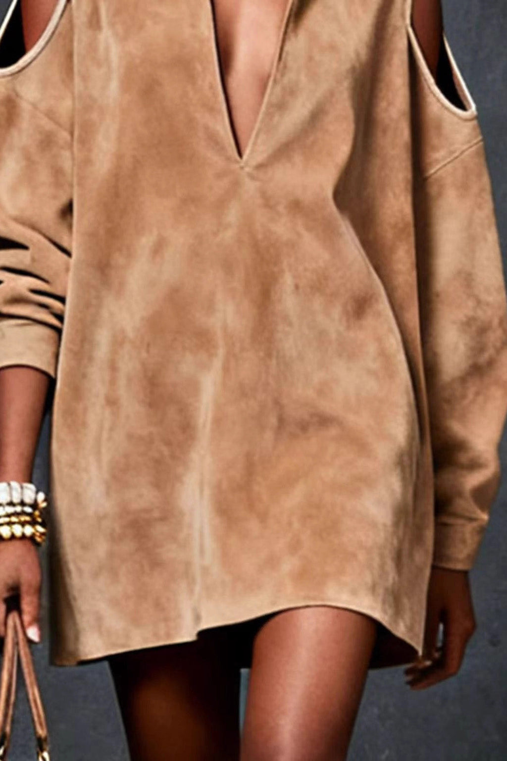 Camel Faux Suede Cold-Shoulder Mini-Length Dress