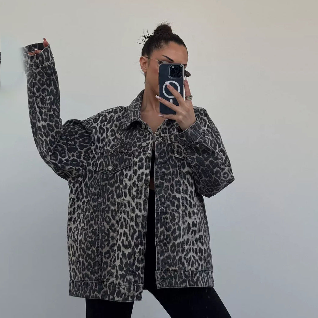 Denim Jacket with Leopard Print and Relaxed Fit