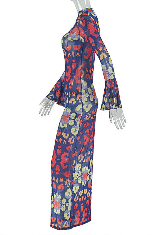 Indigo Retro Blush Art-Pattern Maxi-Length Dress