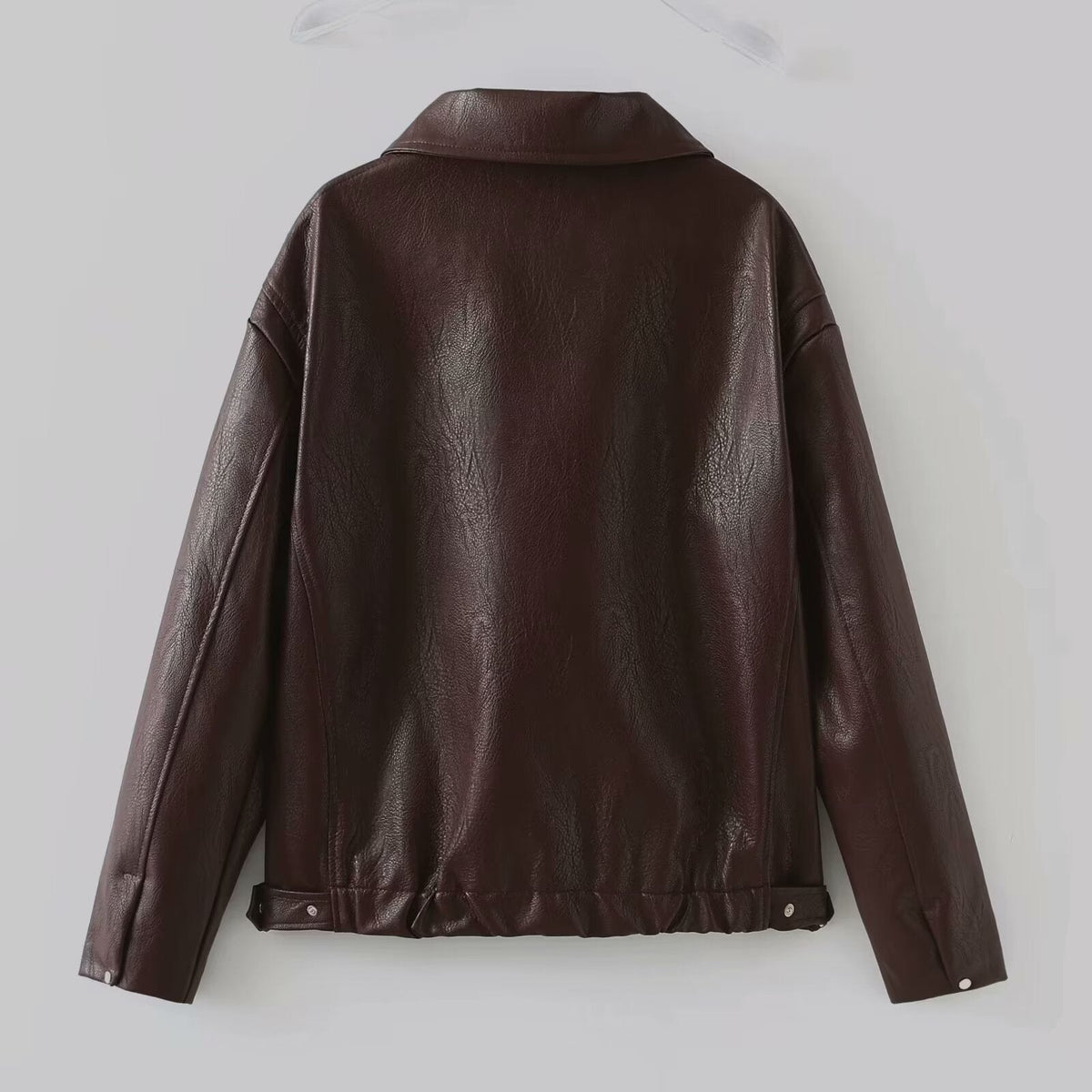 Faux Leather Jacket with Lapel Collar and Zipper