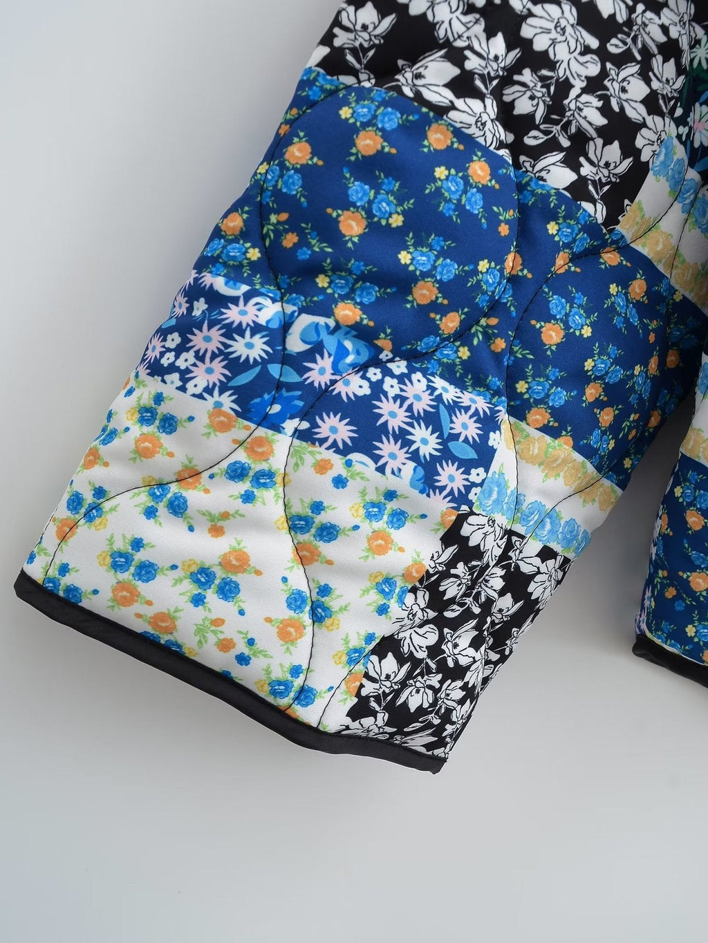 Jacket with Floral Print, Patchwork and Lapel Collar