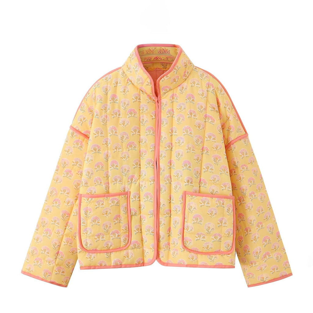 Jacket with Floral Print, Patchwork and Stand Collar