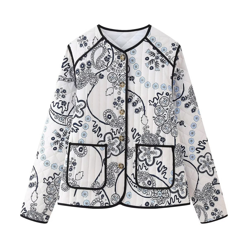 Quilted Jacket with Floral Print and Ethnic Print