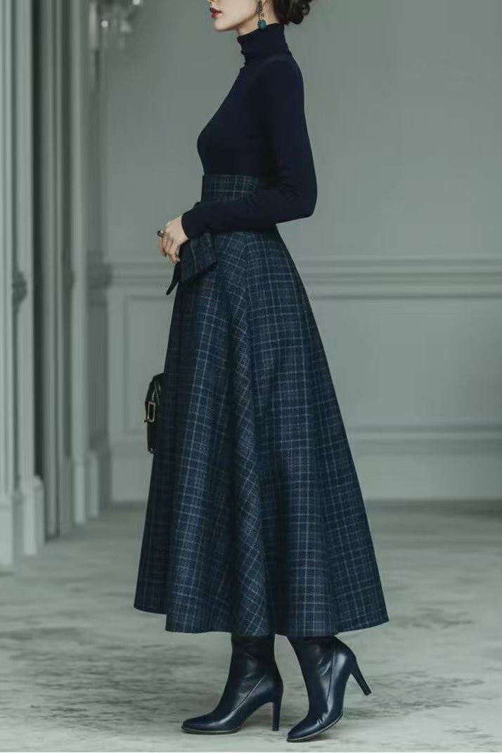 Coordinated Dark Blue Turtleneck Stretch Top And Plaid Skirt Set