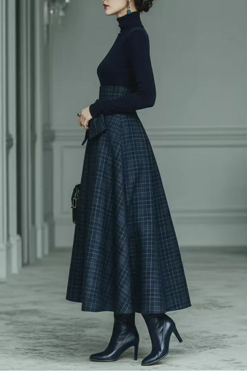 Coordinated Dark Blue Turtleneck Stretch Top And Plaid Skirt Set