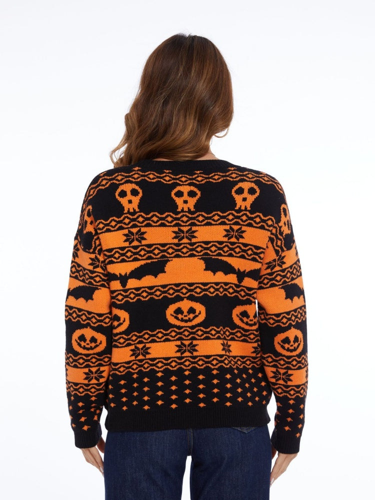 Halloween Pumpkin Pattern Crew Neck Knitted Knit Sweater