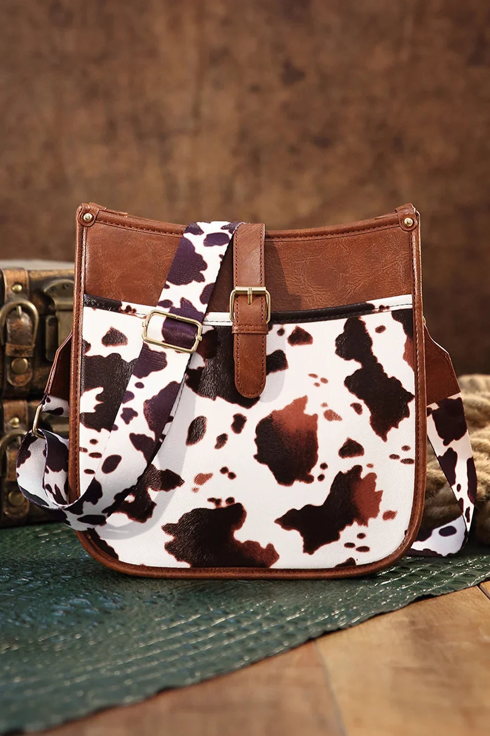 Modern Western Cowboy Style Brown Cow Print Crossbody Bag