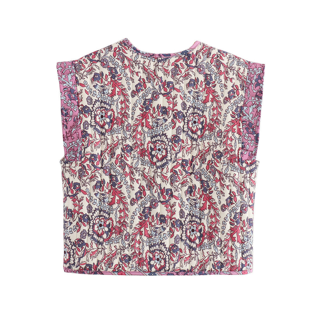 Lightweight Denim Vest with Ethnic Print and Relaxed Fit