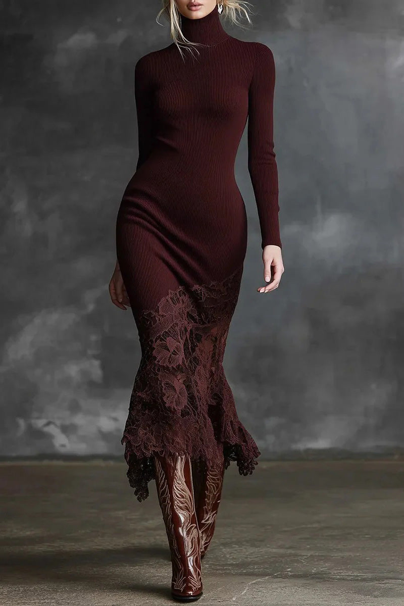 Refined High-neck Lace Hem Burgundy Maxi-Length Dress