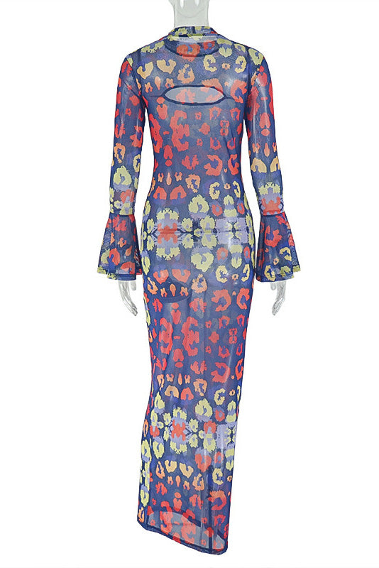 Indigo Retro Blush Art-Pattern Maxi-Length Dress