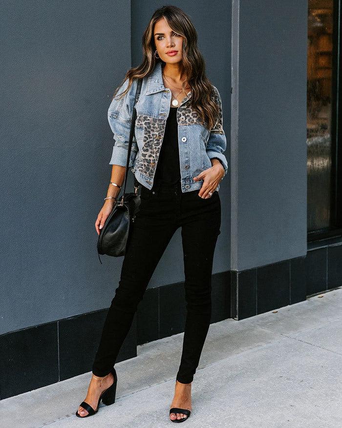 Lightweight Denim Jacket with Leopard Print and Patchwork